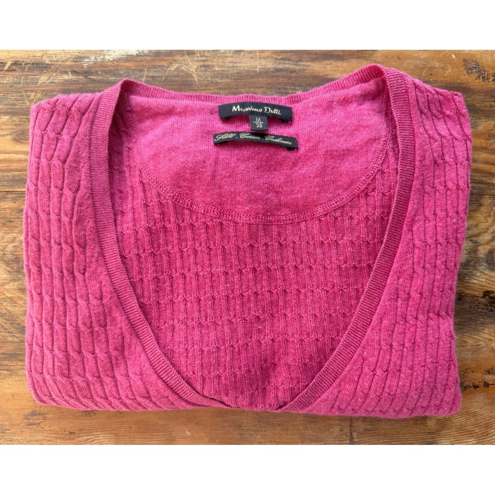 A4 Massimo Dutti Sweater Silk Cotton Cashmere Cable Knit V-Neck Elbow Patch Pink